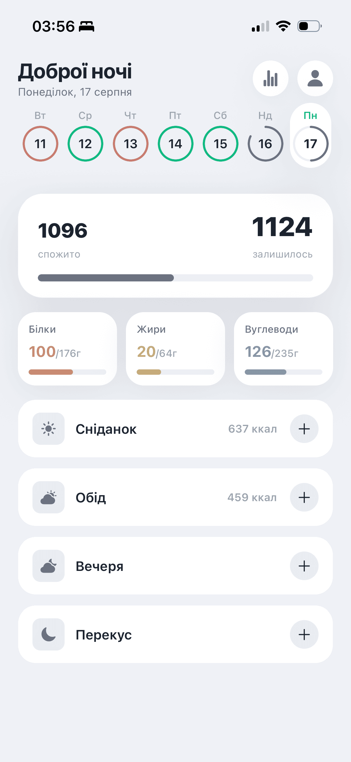 Мінімальний головний екран MealLoop: смуга прогресу і страви за прийомами їжі